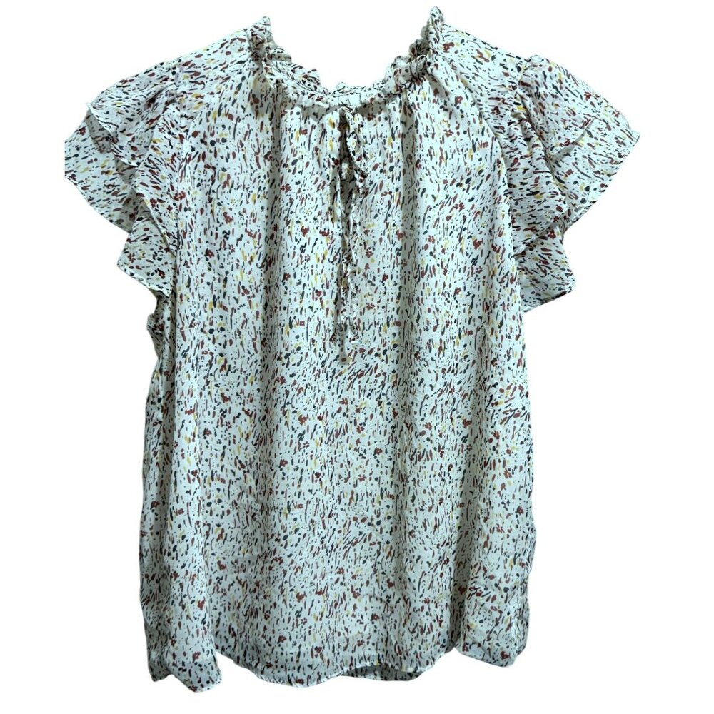 Joie Confetti Print Split V Ruffled Neckline Double Flutter Sleeve Lined Top SzL